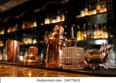 Bartender Tools Sitting On Bar Counter