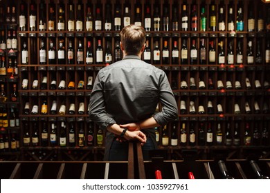 Bartender at wine cellar full of bottles with exquisite drinks - Shutterstock ID 1035927961