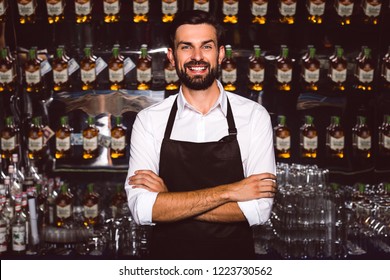 Bartender Is Your Buddy. Handsome Young Man In Apron Looking At Camera With Smile While Standing At The Bar Counter 
