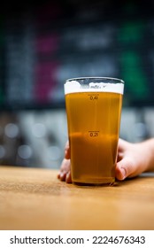 Bartender's Hand Hold Full Glass Of Craft Beer In A Bar Or Tap Room