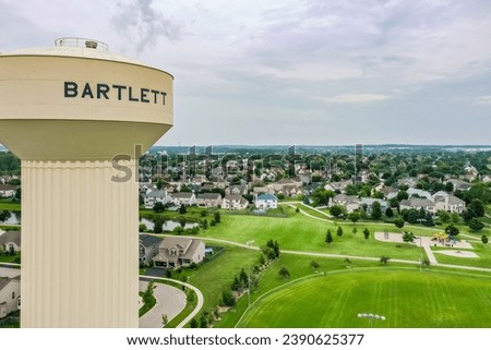 Bartlett, Illinois, United States of America - August 9th 2023:  Bartlett Illinois Downtown Streetscapes Water Tower Drone Photography