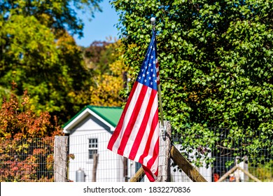 Bartow Town In West Virginia Countryside Rural And American Flag Closeup By House Building In Durbin Frank Area