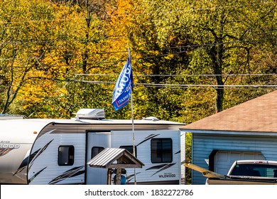 Bartow, USA - October 6, 2020: Town In West Virginia Countryside Rural And Flag For Trump Political Election In Durbin Frank Area By House And Motor Home