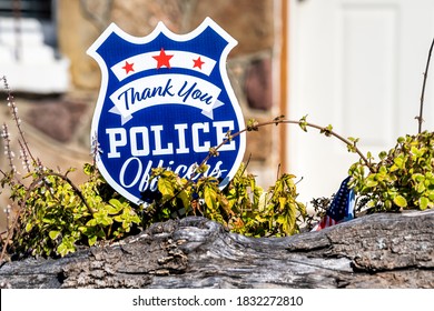 Bartow, USA - October 6, 2020: Town In West Virginia Countryside Rural And Sign By House Building Thank You To Police Officers In Durbin Frank Area