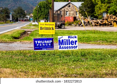 Bartow, USA - October 6, 2020: Town In West Virginia Countryside Rural And Sign On Lawn For Trump Pence Political Election In Durbin Frank Area