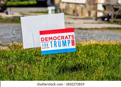 Bartow, USA - October 6, 2020: Town In West Virginia Countryside Rural And Sign On Lawn For Democrats For Trump Political Election In Durbin Frank Area