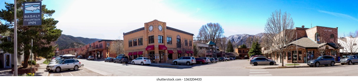 Basalt, CO / USA - April 07, 2016: A Panorama Of Midland Avenue Featuring Town Center And The Basalt Mountain Inn.