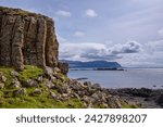 Basalt columns, rock formation, cliffs on isle of ulva, inner hebrides, argyll and bute, scotland, united kingdom, europe