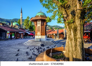 Bascarsija square with Sebilj wooden fountain in Old Town Sarajevo, capital city of Bosnia and Herzegovina 
