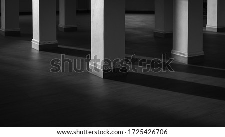 Base of square pillars group with sunlight and shadow on surface of wooden tile floor in black and white style, interior architecture concept