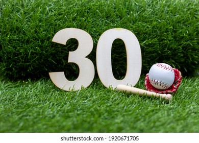 Baseball 30th Birthday With Ball And Bat Are On Green Grass