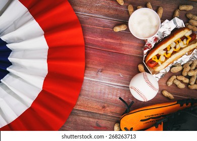 Baseball Background With Bunting, Beer, Ball And Hot Dog