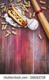 Baseball Background With Hot Dog, Ball And Bat