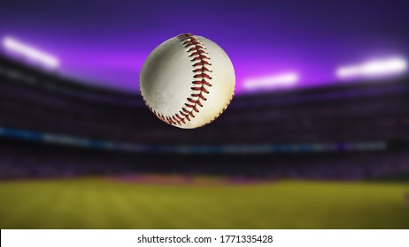 Baseball Ball In The Air. Close-up. The Field Of The Stadium. Evening Time