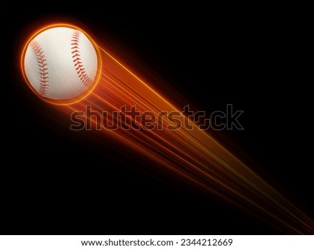 Baseball ball flying with fast magic effect in futuristic hi-tech black background.