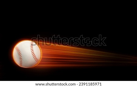 Baseball ball flying with fast magic effect in futuristic hi-tech black background.
