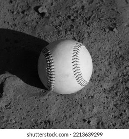 Baseball Ball On Infield Dirt In Black And White.