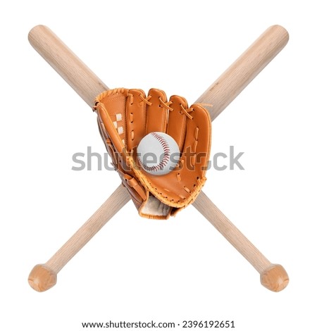 Baseball ball, pitcher and two crossed wooden bats isolated on white