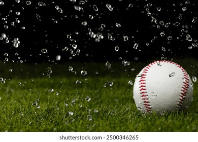 Baseball ball sits on a wet rain grass field. Express joy peaceful moment during rain shower as droplet over grass field to show happy smile baseball ball - Powered by Shutterstock