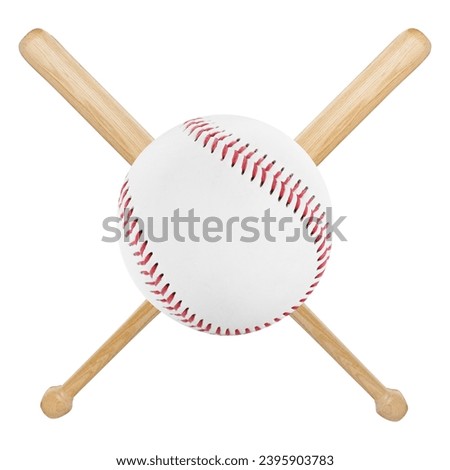 Baseball ball and two crossed wooden bats isolated on white