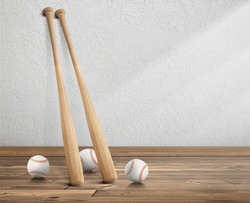 Baseball Ball And Wooden Baseball Bat In White Empty Room Wooden Floor With Sunlight Cast Shadows On Wall