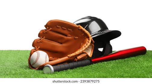 Baseball bat, ball, batting helmet and glove on artificial grass against white background - Powered by Shutterstock