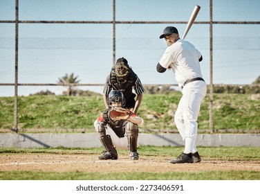 Baseball, bat and concentration with a sports man outdoor, playing a competitive game on mockup. Fitness, health and exercise with a male athlete or player training on a field or pitch for sport - Powered by Shutterstock