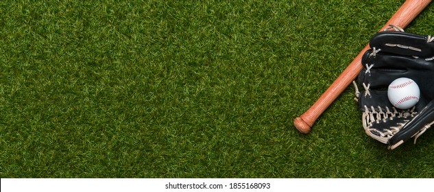 Baseball Bat, Glove And Ball On Green Grass Field.  Sport Theme Background With Copy Space For Text And Advertisment