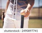 Baseball, bat and hands of man in match on field of stadium for training, sports practice or workout. Fitness, outdoor and athlete ready to hit in game in park for competition, exercise or playing