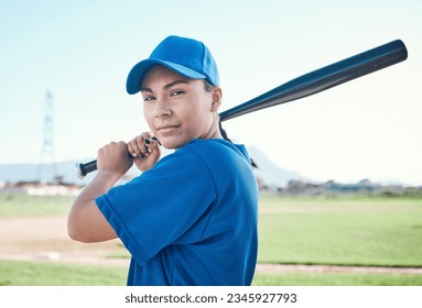 Baseball, bat and portrait of a sports person outdoor on a pitch for performance and competition. Professional athlete or softball player with gear, swing and ready for a game, training or exercise - Powered by Shutterstock