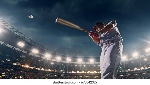 Baseball Batter Hitting Ball During Game On The Professional Stadium Full Of People. The Stadium Is Made In 3D With Animated Crowd.