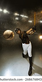 Baseball batter hitting fastball with dynamic motion under 3D stadium lights. Concept of performance, discipline, and determination in professional sports, ideal for campaigns and editorial visuals.