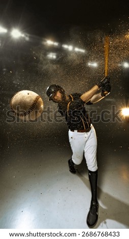 Baseball batter hitting fastball with dynamic motion under 3D stadium lights. Concept of performance, discipline, and determination in professional sports, ideal for campaigns and editorial visuals.