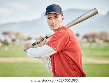 Baseball batter, portrait or sports man on field at competition, training match on a stadium pitch. Softball exercise, healthy fitness workout or focused player playing a fun game outdoors on grass - Powered by Shutterstock