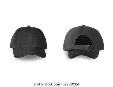 Baseball Black Cap Back And Front Side Isolated On White Background. This Has Clipping Path.                            