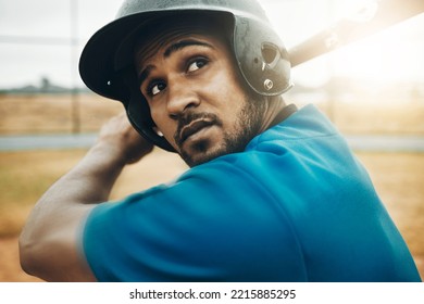 Baseball, Black Man And A Portrait Of Player Ready To Hit Ball With Bat And Safety Helmet. Sports, Fitness And Professional Athlete In Uniform With Baseball Bat Waiting On Diamond Pitch To Win Game.