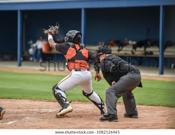 Baseball Catcher catching the ball in front of an\
umpire during a game