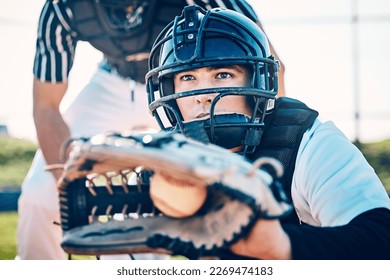 Baseball, catcher and fitness with man on field for training, umpire and sports competition. Workout, exercise and pitching with athlete playing in park stadium for games, match and wellness - Powered by Shutterstock