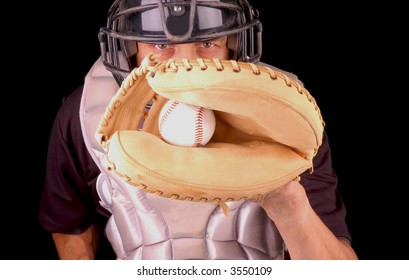 Baseball Catcher In Gear With Caught Pitch In Mitt