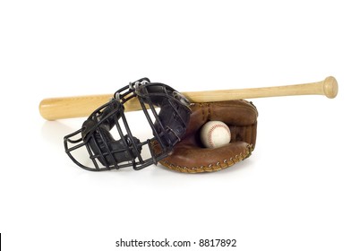 Baseball Catcher's Gear On White Background Including A Mitt, Ball And Face Mask