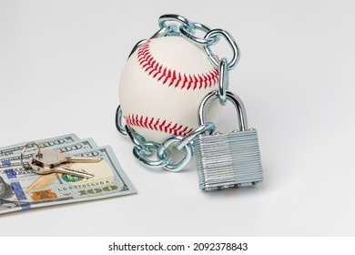 Baseball With Chain And Lock. Baseball Strike, Lockout And Labor Disagreement Concept.