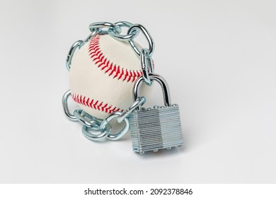 Baseball With Chain And Lock. Baseball Strike, Lockout And Labor Disagreement Concept.