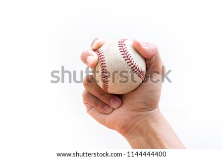Baseball : Curveball Grip with two fingers and seams - close up on a white background with copy space.
