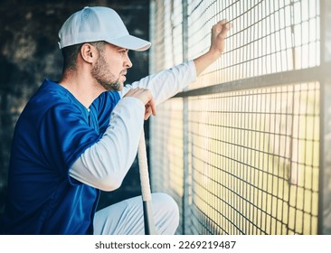 Baseball, dugout and man watching game holding bat, concentration, competition and sport. Fitness, health and serious sports player waiting for turn to play in fun practice match at stadium or field. - Powered by Shutterstock