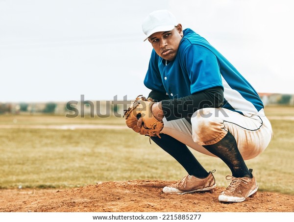 Baseball field, man and sports athlete focus on\
game, competition or fitness exercise for health, workout or\
training. Motivation, match cardio and pitcher ready for start,\
wellness or practice\
match