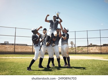 Baseball field, men and team in celebration, trophy and prize for goals, performance or winning contest. People, group and diversity with support, cheers or happy on pitch for competition in Boston - Powered by Shutterstock