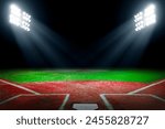 Baseball field at night with bright floodlights and copy space