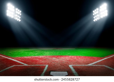 Baseball field at night with bright floodlights and copy space - Powered by Shutterstock