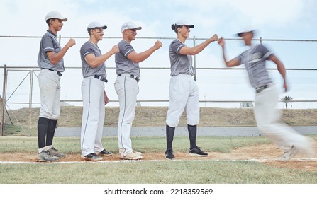 Baseball, fist bump and team support, sport and teamwork on baseball field, exercise and fitness outdoor. Men sports club, diversity and motivation, baseball player and athlete, training and motion. - Powered by Shutterstock