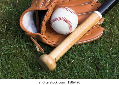 Baseball Glove Bat Against Grass Background Stock Photo 1586490